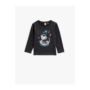 Koton Boys' Anthracite Space Print Long Sleeved T-Shirt Cotton