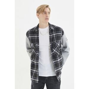 Trendyol Navy Blue Men's Oversized Shirt Collar Sleeves Knitted Two Pockets and Clamshell Plaid Lumberjack Shirt
