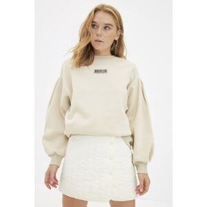Trendyol Stone Thick Inside Fleece Minimal Printed Balloon Sleeve Knitted Sweatshirt