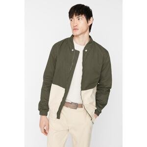 Trendyol Limited Edition Beige Men's Bomber Collar Long Sleeve Color Block Double Pocket Jacket.