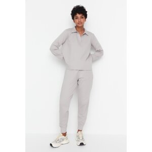 Trendyol Gray Regular/Normal Fit Polo Collar, Thin, Knitted Tracksuit Set