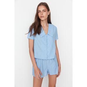 Trendyol Blue 100% Cotton Collar Detailed Viscose Shirt-Short Woven Pajamas Set