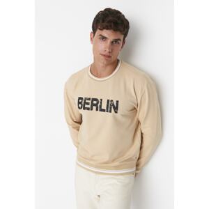 Trendyol Beige Men's Relaxed Fit Long Sleeve Crewneck Printed Sweatshirt