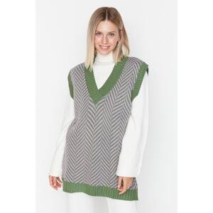 Trendyol Green Striped V-Neck Knitwear Sweater