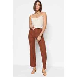 Trendyol Brown Straight/Straight Fit High Waist Ribbed Stitched Woven Trousers