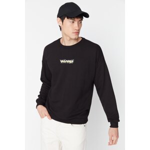 Trendyol Men's Black Oversize/Wide-Fit Crew Neck Printed Cotton Sweatshirt