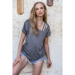 Trend Alaçatı Stili Women's Anthracite Strap Detailed Washable T-Shirt
