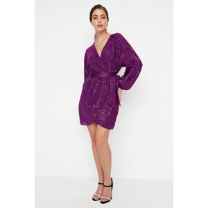 Trendyol Purple Belted Sequin Elegant Evening Dress