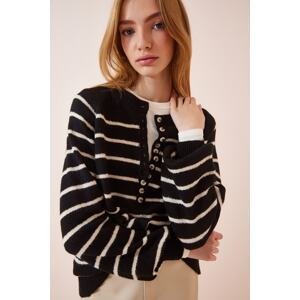 Happiness İstanbul Women's Black Buttoned Collar Striped Knitwear Sweater