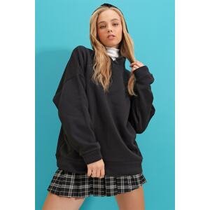 Trend Alaçatı Stili Women's Black Hooded Oversized Chunky Hips 3 Thread Framed Sweatshirt