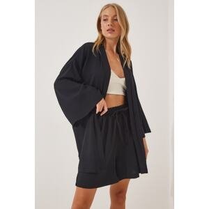 Happiness İstanbul Women's Black Flowy Ayrobin Kimono with Shorts Set