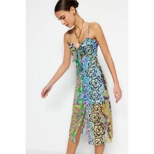 Trendyol Limited Edition Multicolored Patterned Cut Out Detailed Tulle A-Line Midi Knitted Dress