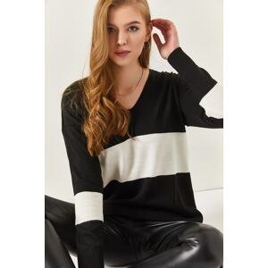 armonika Women's Black V-Neck Two-tone Sweater Short in the Front and Long in the Back ARM-18K012042