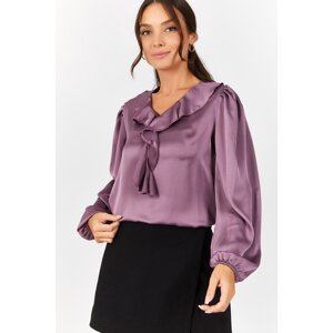 armonika Women's Purple Satin Blouse with Frilled Collar on the Shoulders and Elasticated Sleeves