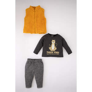DEFACTO Baby Boy Plush Cardigan Long Sleeved T-Shirt Bottom 3 Piece Set