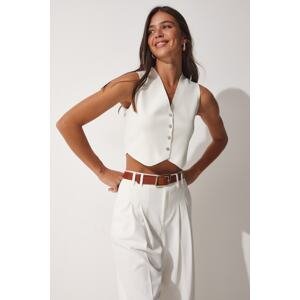 Happiness İstanbul Women's White V-Neck Buttoned Summer Knitwear Vest
