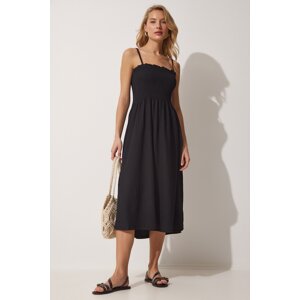 Happiness İstanbul Women's Black Straps Elastic Waist Summer Knitted Dress