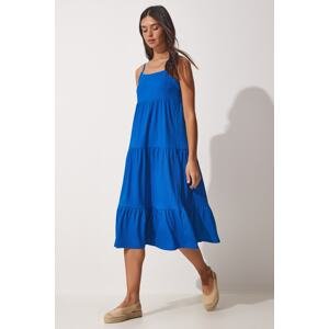 Happiness İstanbul Women's Blue Strappy Flounce Summer Knitted Dress