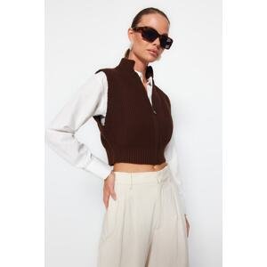 Trendyol Brown Crop Zipper Základní pletený svetr