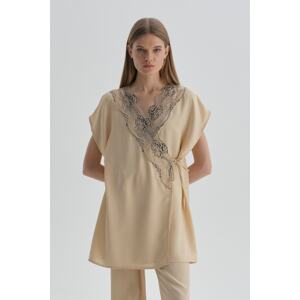 Dagi Salmon Double-breasted Collar Lace Detailed Dressing Gown