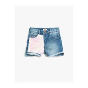 Koton Sequin-sequin Embroidered Denim Shorts with Pockets, Tassels on the Legs, Adjustable Elastic Waist