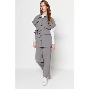 Trendyol Gray Gold Buttoned Vest-Pants Knitted Suit