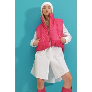 Trend Alaçatı Stili Women's Fuchsia Stand Collar Double Pockets Inflatable Vest with Fully Filled Waist, Adjustable