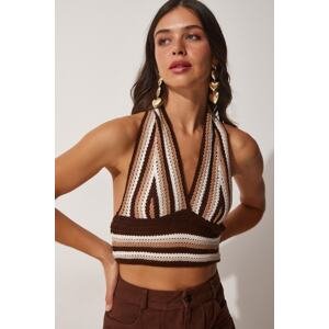 Happiness İstanbul Women's Brown Halterneck Crop Knitwear Blouse