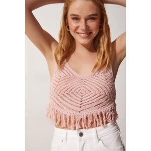 Happiness İstanbul Women's Powder Fringed Openwork Crop Knitwear Blouse