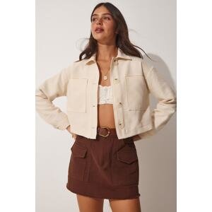 Happiness İstanbul Women's Cream Large Pocket Cotton Crop Jacket