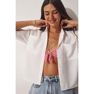 Happiness İstanbul Women's White Crop Shirt with Pockets Aerobatics DX0009