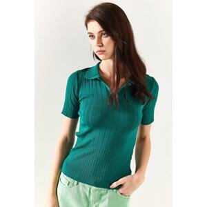 Olalook Women's Emerald Green Polo Neck Corduroy Sweater Blouse