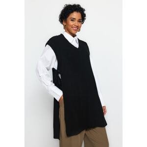 Trendyol Black Lace-up Detailed V-Neck Knitwear Sweater