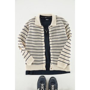 Trendyol Navy Blue Men's Regular Fit Crochet Detailed Striped Knitwear Cardigan.