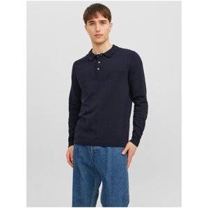 Jack & Jones Tmavě modré pánské úpletové polo tričko s dlouhým rukávem Jack & J - Pánské