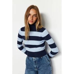 Trendyol Navy Blue Super Crop Premium/Special Thread Striped Knitwear Sweater