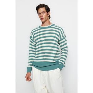 Trendyol Mint Men's Oversize Fit Wide Fit Crew Neck Striped Knitwear Sweater.