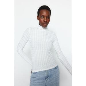 Trendyol White Premium Textured Fabric Stand Up Collar Fitted/Slitter Knitted Blouse