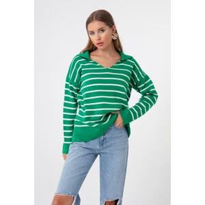 Lafaba Women's Green Shirt Collar Striped Knitwear Sweater