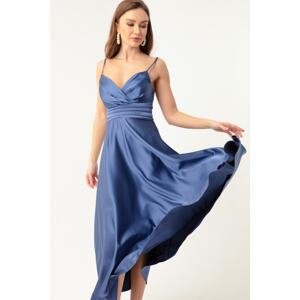 Lafaba Women's Indigo Evening Dress & Prom Dress With Thread Straps and Waist Belt Satin Midi