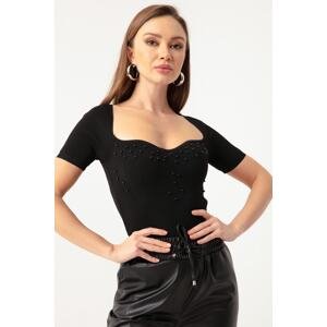 Lafaba Women's Black Sweetheart Neck Stones Short Sleeve Knitwear Sweater