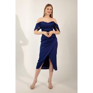 Lafaba Women's Sax Boat Neck Draped Midi Evening Dress.