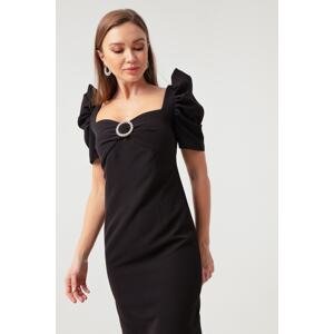 Lafaba Women's Black Stony Buckle Balloon Sleeve Dress