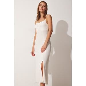 Happiness İstanbul Women's Cream Strap Slit Summer Knitted Dress
