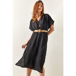 Olalook Women's Black Belted Double Slit Linen Dress