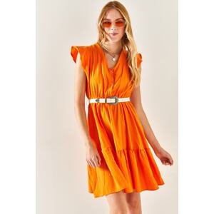 Olalook Women's Orange Viscose Dress with Frill Shoulder and Buttons