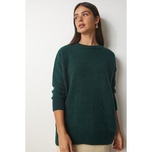 Happiness İstanbul Dámský tmavě zelený oversize pletený svetr