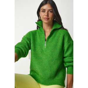 Štěstí İstanbul Dámský zelený zip límec pletený svetr