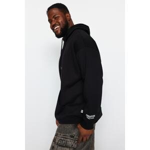 Trendyol Black Men's Plus Size Oversize/Wide-Cut Comfortable Hoodie with Embroidery on the Sleeves, Fleece Inside Sweatshirt.