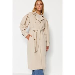 Trendyol Stone Oversize Wide-Cut Belted Water-repellent Long Trench Coat with Balloon Sleeves Detail